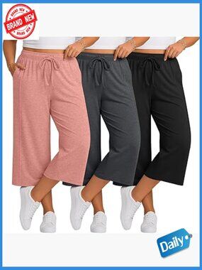 Plus Size Capri Pants Wide Leg Elastic Waist Crop Yoga Sweatpants 3 Pack